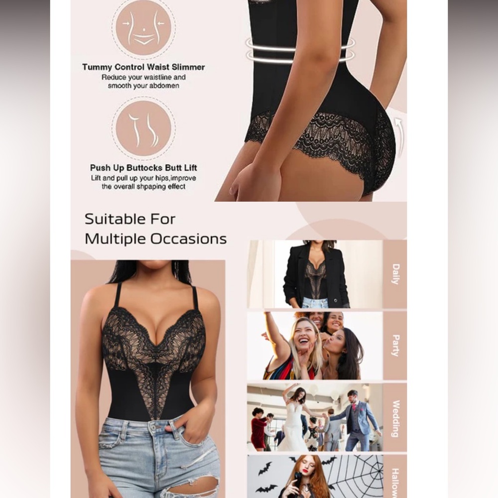🕶️Feelingirl brown shapewear bodysuit lace with nude underlining large NEW - Picture 6 of 11